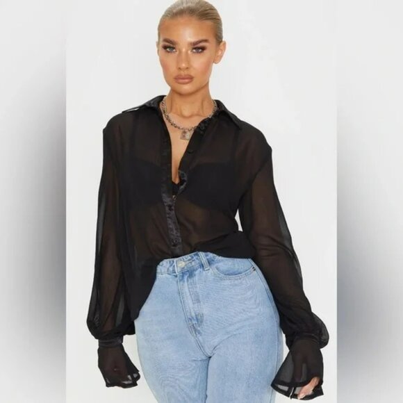 Black Chiffon Sheer Ruffle Sleeve Blouse 10 PLT Button Up Satin Trim Dressy EUC - Picture 10 of 10